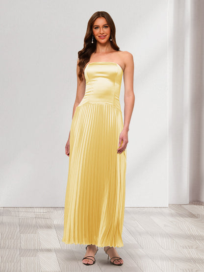 A-Line/Princess Detachable Straps Drop-Waist Pleated Long Bridesmaid Dresses