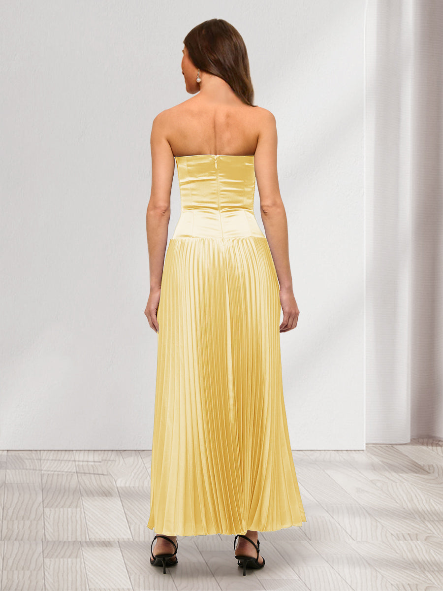 A-Line/Princess Detachable Straps Drop-Waist Pleated Long Bridesmaid Dresses