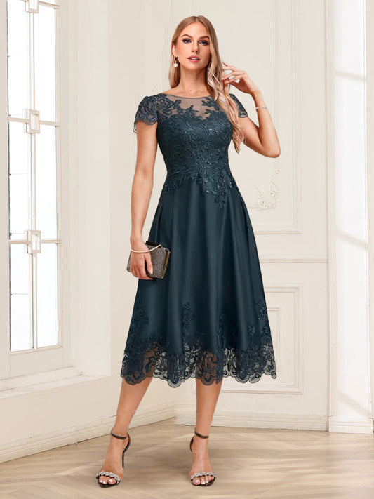 A-Line/Princess Illusion Scoop Short Sleeves Appliques Mother of the Bride Dresses