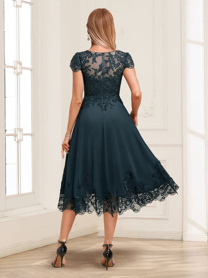 A-Line/Princess Illusion Scoop Short Sleeves Appliques Mother of the Bride Dresses