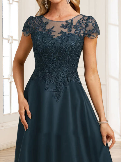 A-Line/Princess Illusion Scoop Short Sleeves Appliques Mother of the Bride Dresses