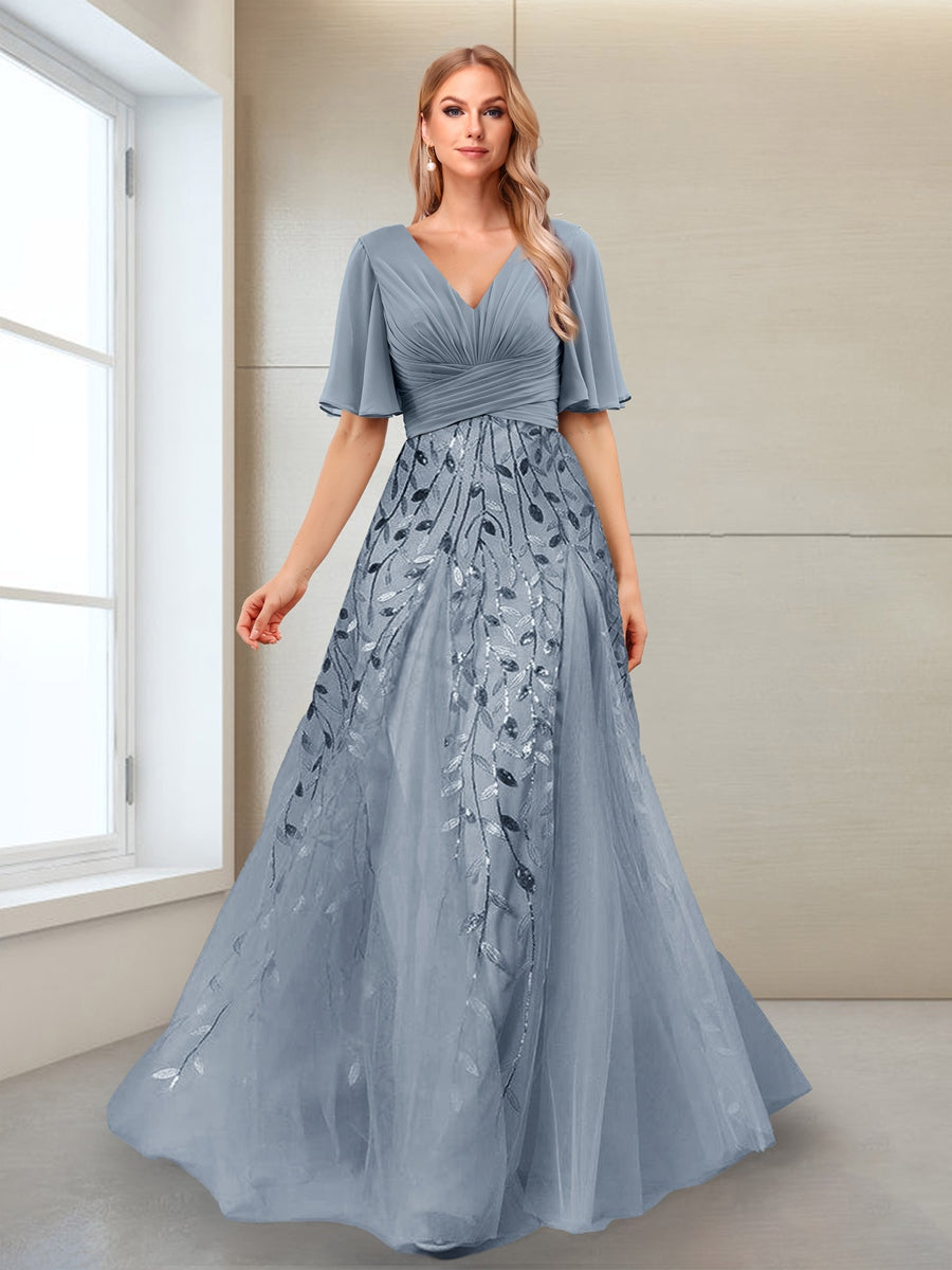 A-Line V-Neck Half Sleeves Split Side Mother of the Bride Dresses with Appliques