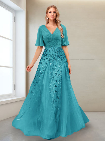 A-Line V-Neck Half Sleeves Split Side Mother of the Bride Dresses with Appliques