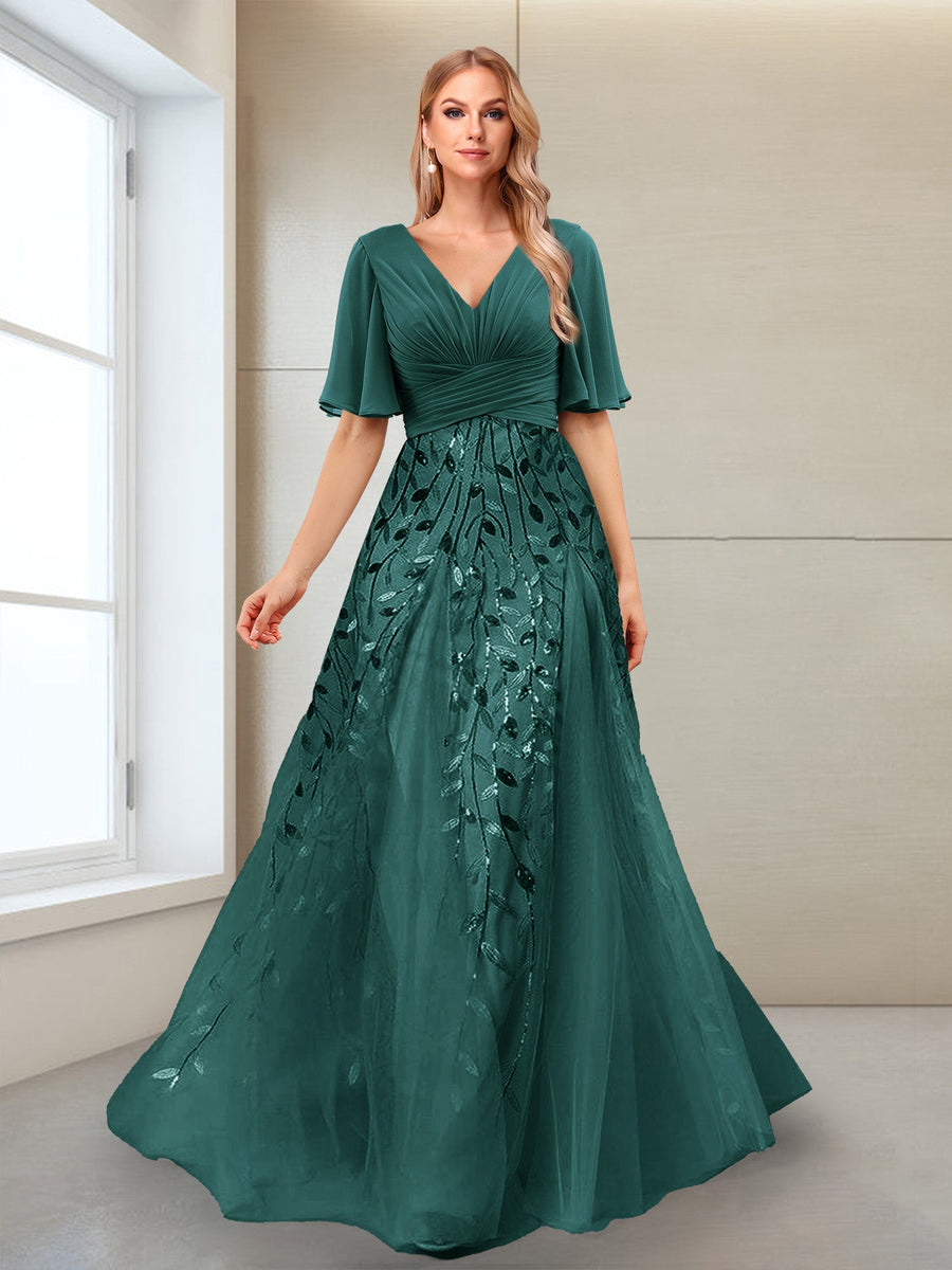 A-Line V-Neck Half Sleeves Split Side Mother of the Bride Dresses with Appliques