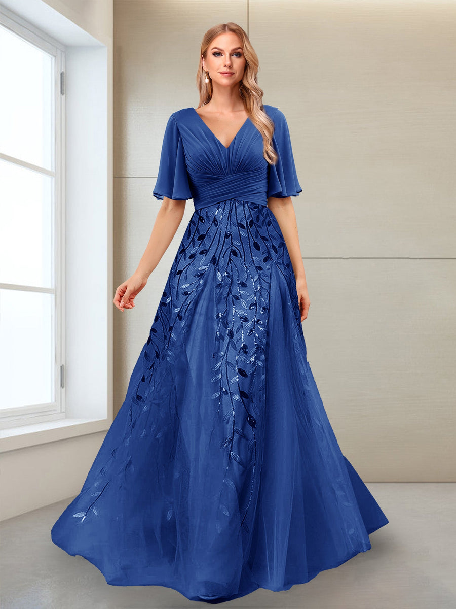 A-Line V-Neck Half Sleeves Split Side Mother of the Bride Dresses with Appliques