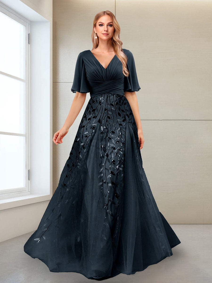 A-Line V-Neck Half Sleeves Split Side Mother of the Bride Dresses with Appliques