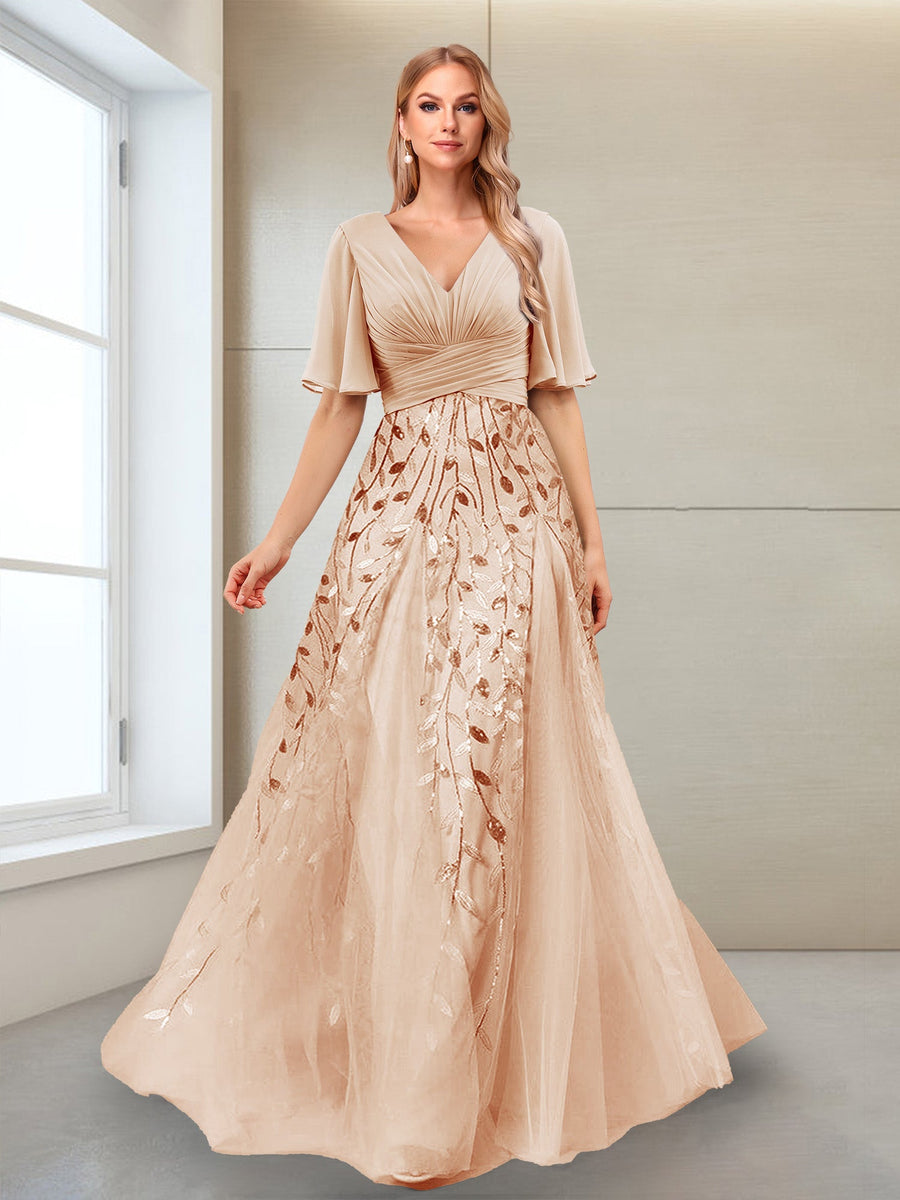 A-Line V-Neck Half Sleeves Split Side Mother of the Bride Dresses with Appliques