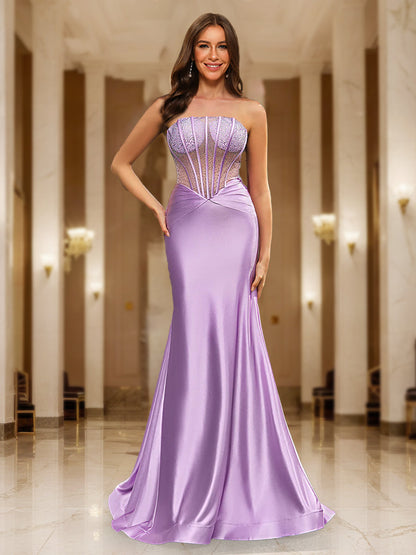 Trumpet/Mermaid Strapless Corset Beaded Long Party Dresses Prom Dresses