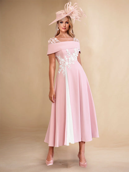 A-Line/Princess Square Neck Short Sleeves Pleated Mother of the Bride Dresses with Appliques
