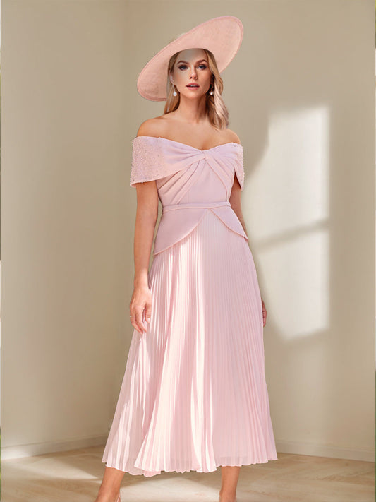 A-Line/Princess Off-the-Shoulder Pleated Mother of the Bride Dresses with Beads