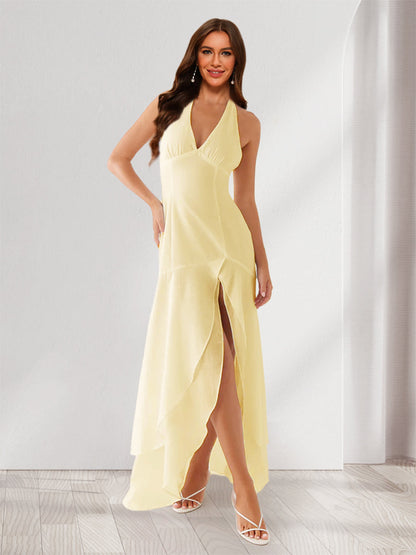 Sheath/Column Halter Ruffle Maxi Dresses Long Bridesmaid Dresses with Split Side