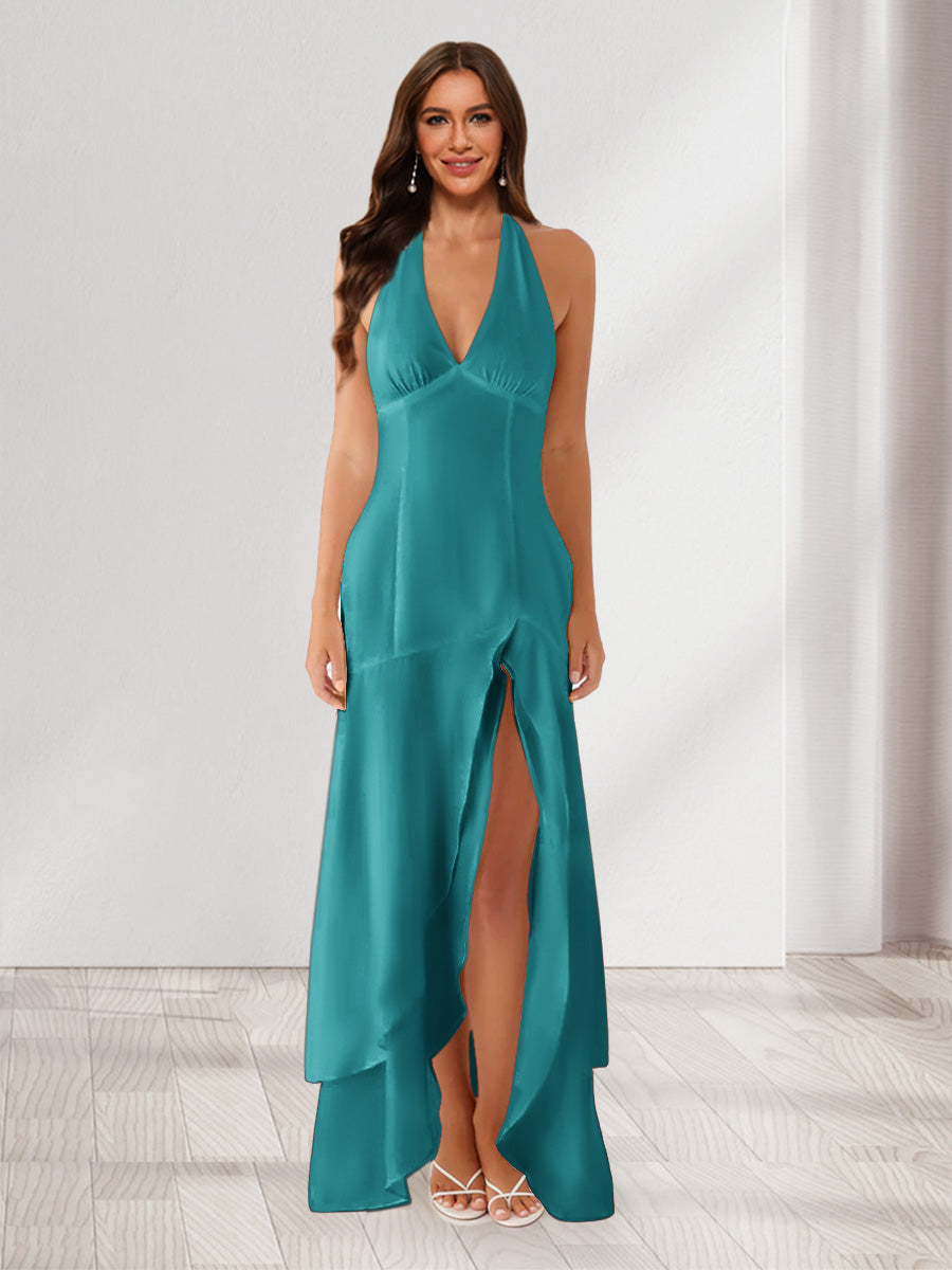 Sheath/Column Halter Ruffle Maxi Dresses Long Bridesmaid Dresses with Split Side