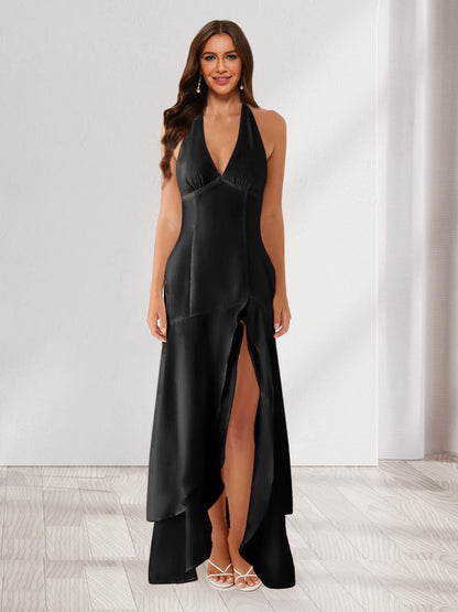 Sheath/Column Halter Ruffle Maxi Dresses Long Bridesmaid Dresses with Split Side