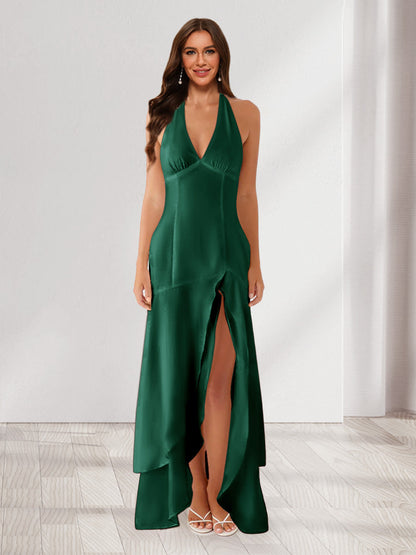 Sheath/Column Halter Ruffle Maxi Dresses Long Bridesmaid Dresses with Split Side