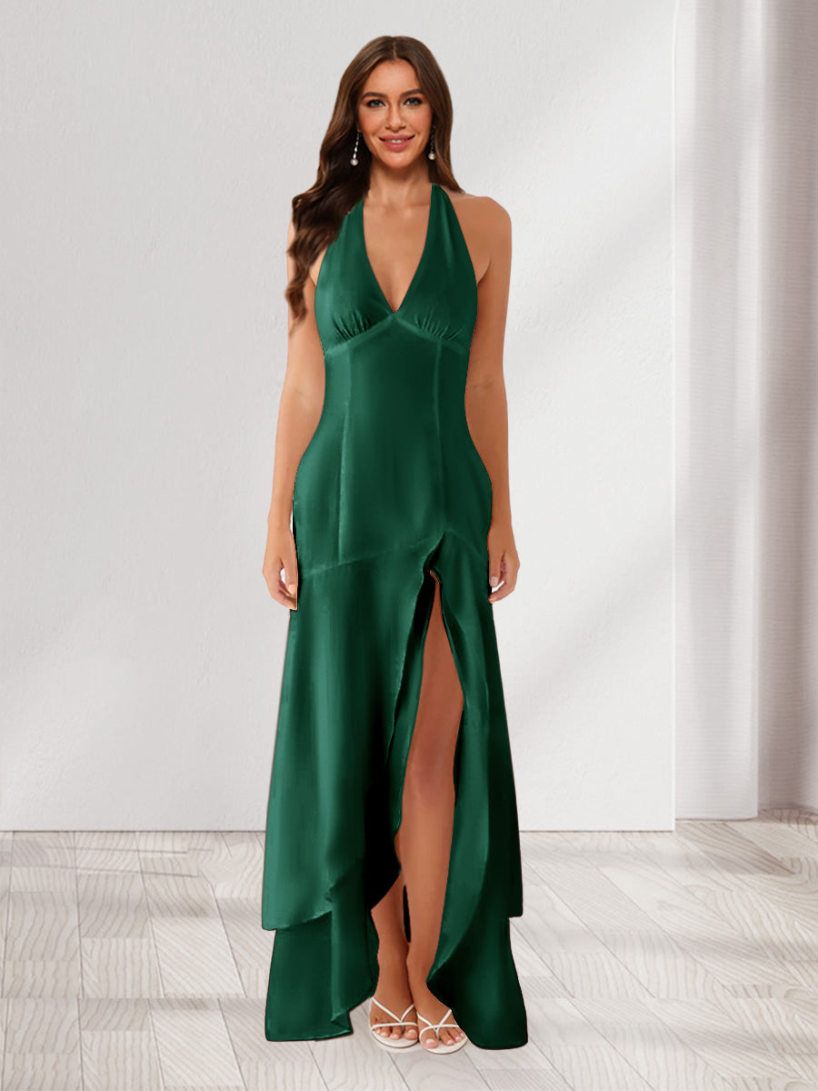 Sheath/Column Halter Ruffle Maxi Dresses Long Bridesmaid Dresses with Split Side