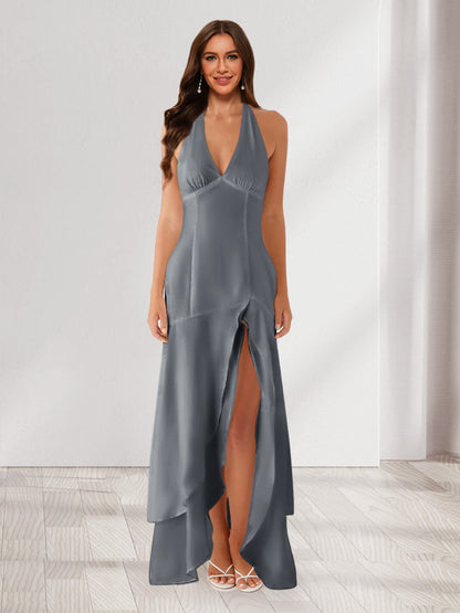 Sheath/Column Halter Ruffle Maxi Dresses Long Bridesmaid Dresses with Split Side