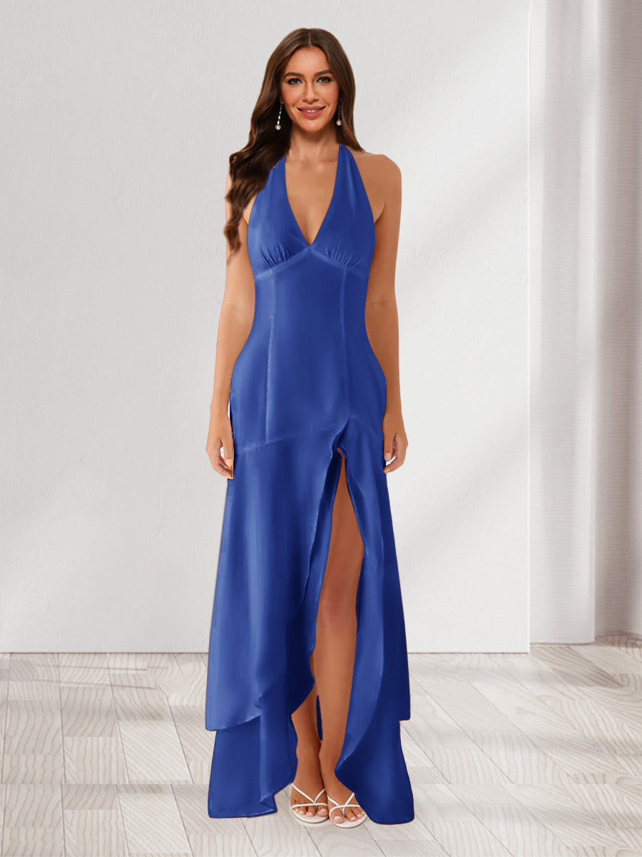 Sheath/Column Halter Ruffle Maxi Dresses Long Bridesmaid Dresses with Split Side