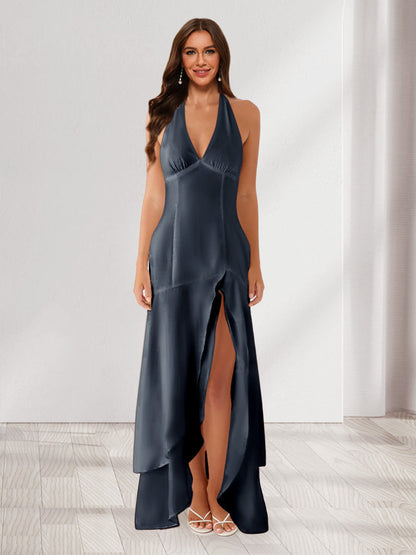 Sheath/Column Halter Ruffle Maxi Dresses Long Bridesmaid Dresses with Split Side