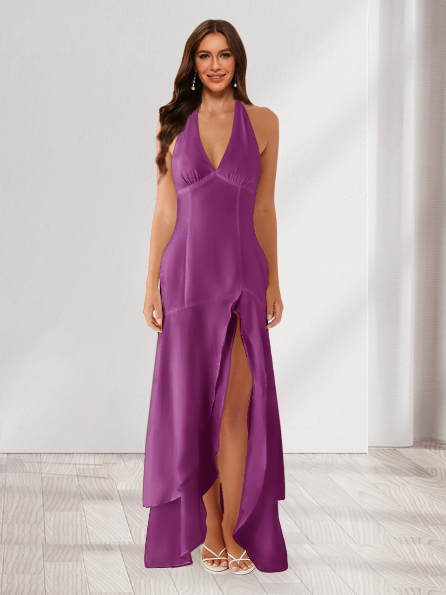Sheath/Column Halter Ruffle Maxi Dresses Long Bridesmaid Dresses with Split Side
