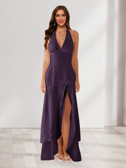 Sheath/Column Halter Ruffle Maxi Dresses Long Bridesmaid Dresses with Split Side