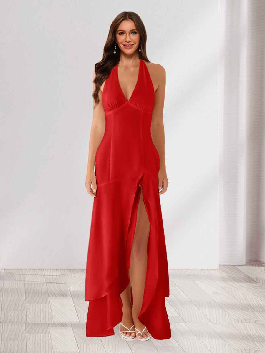 Sheath/Column Halter Ruffle Maxi Dresses Long Bridesmaid Dresses with Split Side