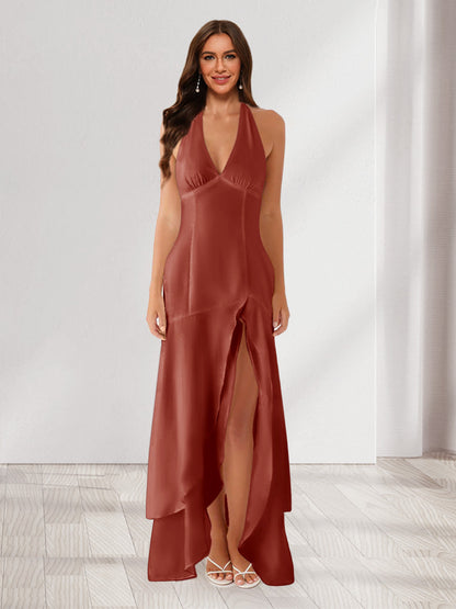 Sheath/Column Halter Ruffle Maxi Dresses Long Bridesmaid Dresses with Split Side