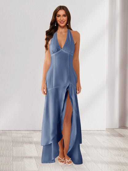 Sheath/Column Halter Ruffle Maxi Dresses Long Bridesmaid Dresses with Split Side