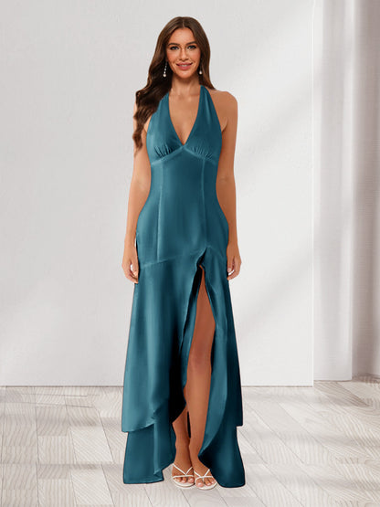 Sheath/Column Halter Ruffle Maxi Dresses Long Bridesmaid Dresses with Split Side