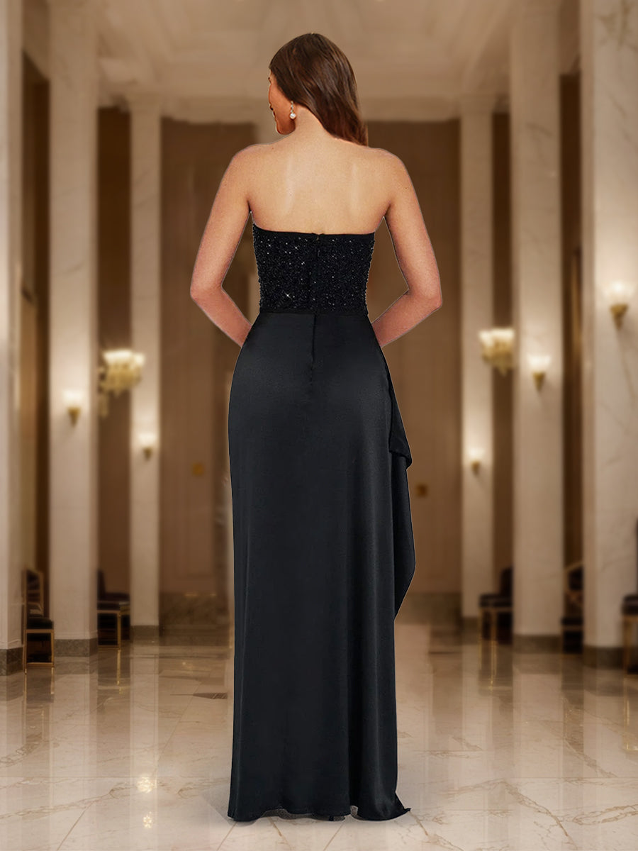 Sheath/Column Strapless Sequin Bodice Ruffle Party Dresses Long Prom Dresses
