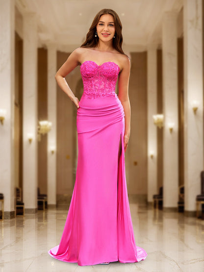Trumpet/Mermaid Sweetheart Sheer Corset Fitted Party Dresses Long Prom Dresses with Appliques