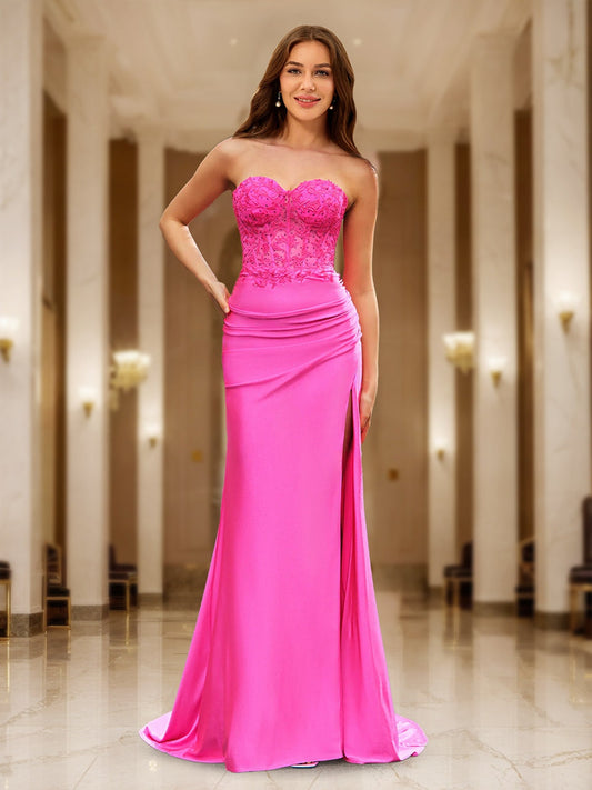 Trumpet/Mermaid Sweetheart Sheer Corset Fitted Party Dresses Long Prom Dresses with Appliques