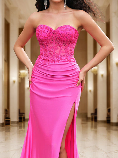 Trumpet/Mermaid Sweetheart Sheer Corset Fitted Party Dresses Long Prom Dresses with Appliques