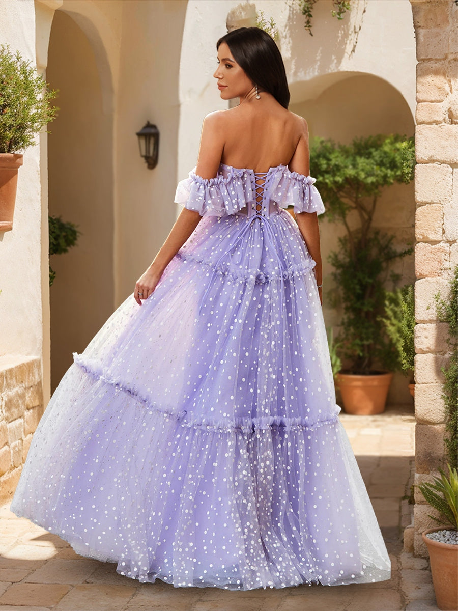 A-Line/Princess Off-the-Shoulder Sheer Corset Ruffled Tulle Prom Dress –  Lavetir UK