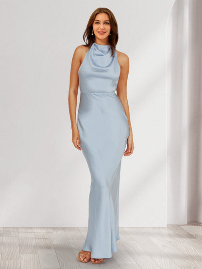 Sheath/Column Halter Sleeveless Maxi Dresses Long Bridesmaid Dresses with Pearls