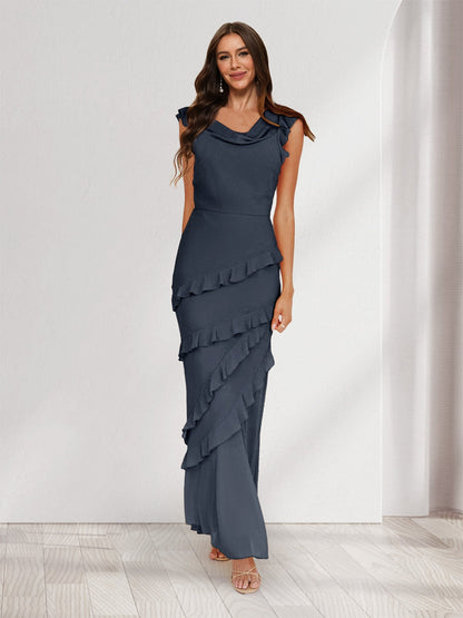 Sheath/Column Cowl Neck Sleeveless Ruffle Maxi Dresses Long Bridesmaid Dresses
