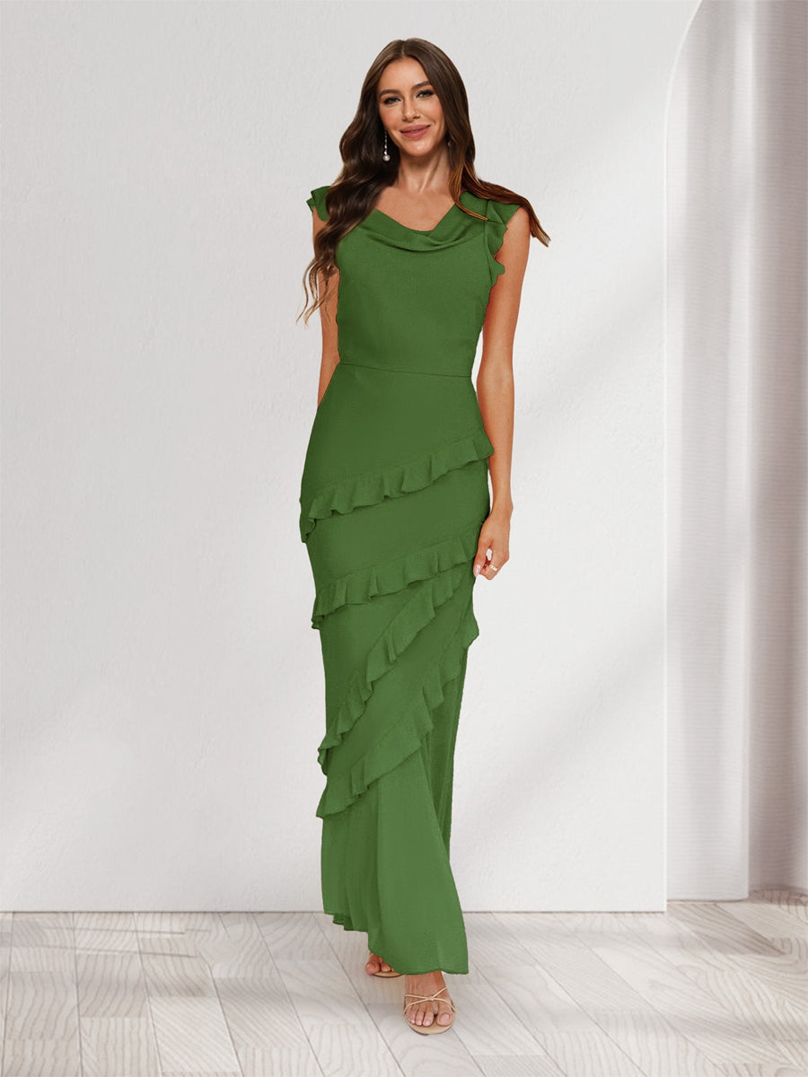 Sheath/Column Cowl Neck Sleeveless Ruffle Maxi Dresses Long Bridesmaid Dresses