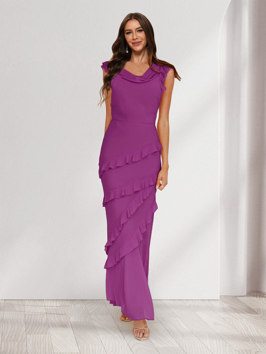 Sheath/Column Cowl Neck Sleeveless Ruffle Maxi Dresses Long Bridesmaid Dresses