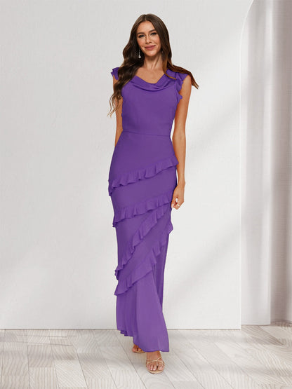 Sheath/Column Cowl Neck Sleeveless Ruffle Maxi Dresses Long Bridesmaid Dresses