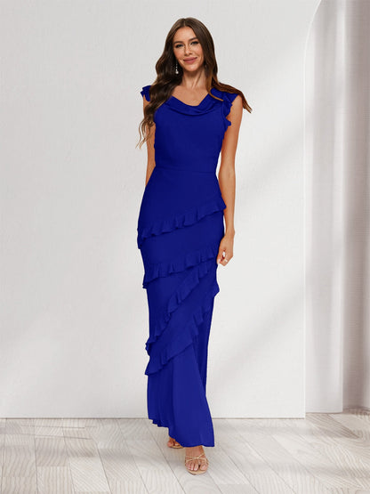 Sheath/Column Cowl Neck Sleeveless Ruffle Maxi Dresses Long Bridesmaid Dresses