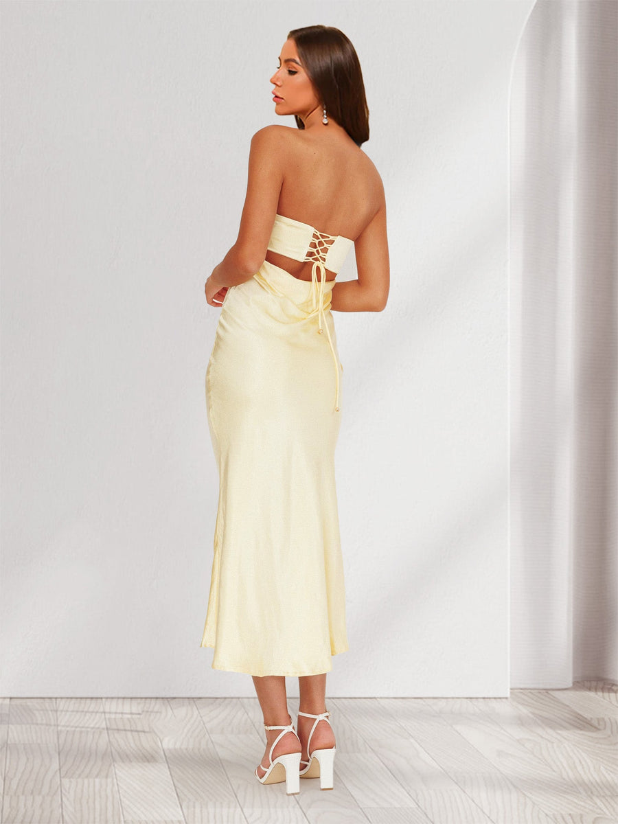 Sheath/Column Strapless Lace Back Sleeveless Maxi Dresses Long Bridesmaid Dresses