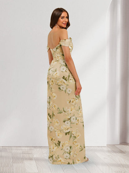 Sheath/Column Off-the-Shoulder Printed Floral Bridesmaid Dresses with Split Side