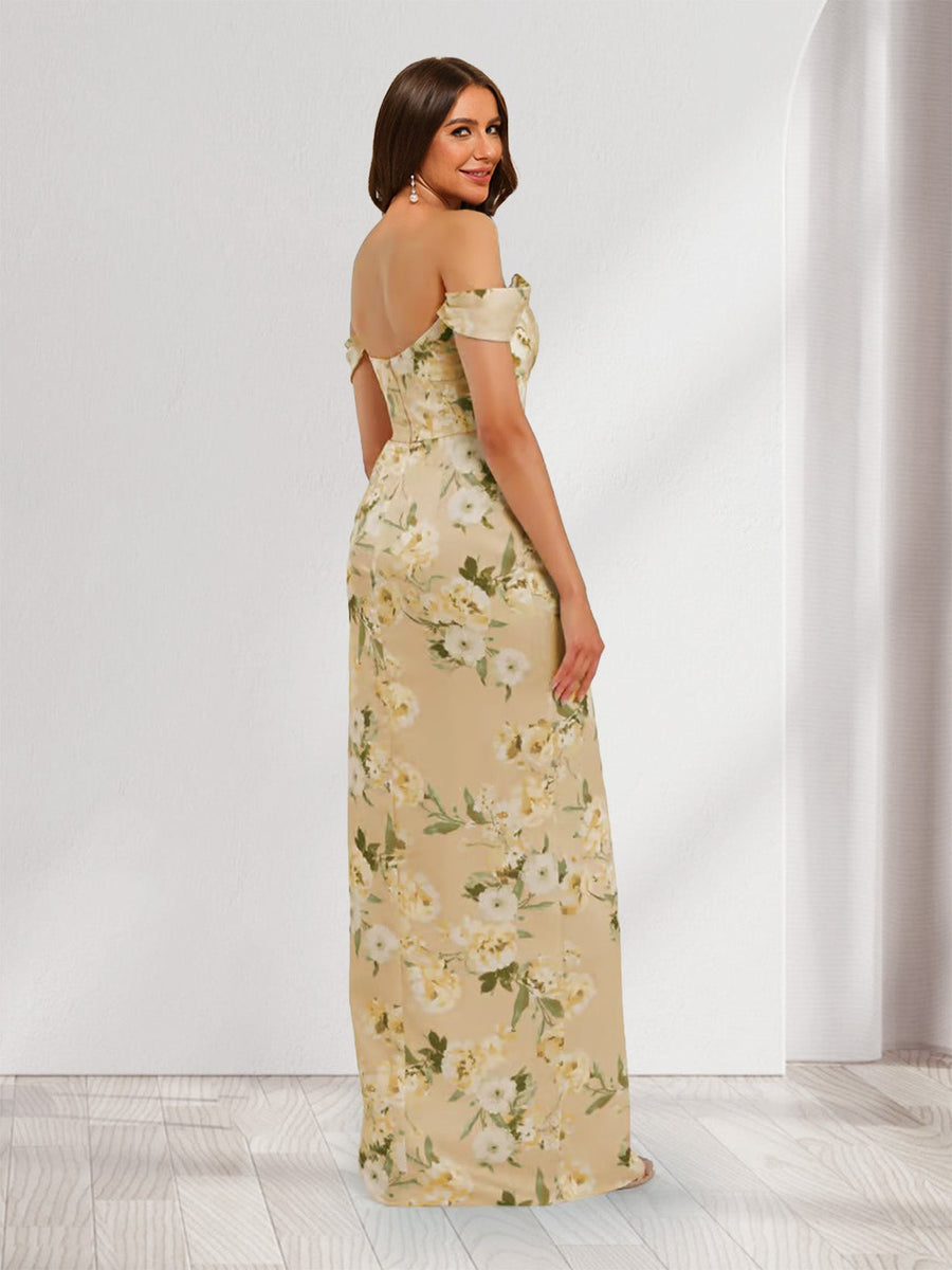 Sheath/Column Off-the-Shoulder Printed Floral Bridesmaid Dresses with Split Side