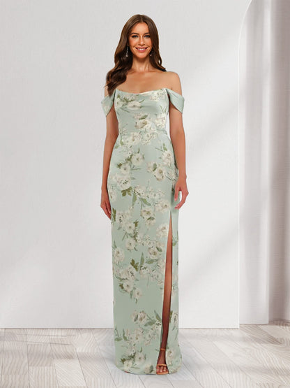 Sheath/Column Off-the-Shoulder Printed Floral Bridesmaid Dresses with Split Side