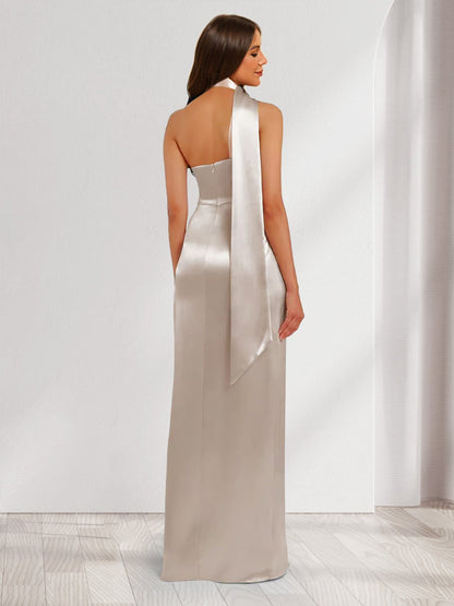Sheath/Column Halter Maxi Dresses Long Bridesmaid Dresses with Neck Scarf