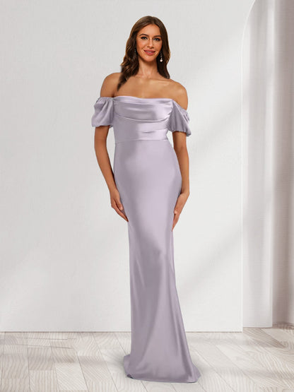Sheath/Column Strapless Puff Sleeves Pleated Maxi Dresses Long Bridesmaid Dresses