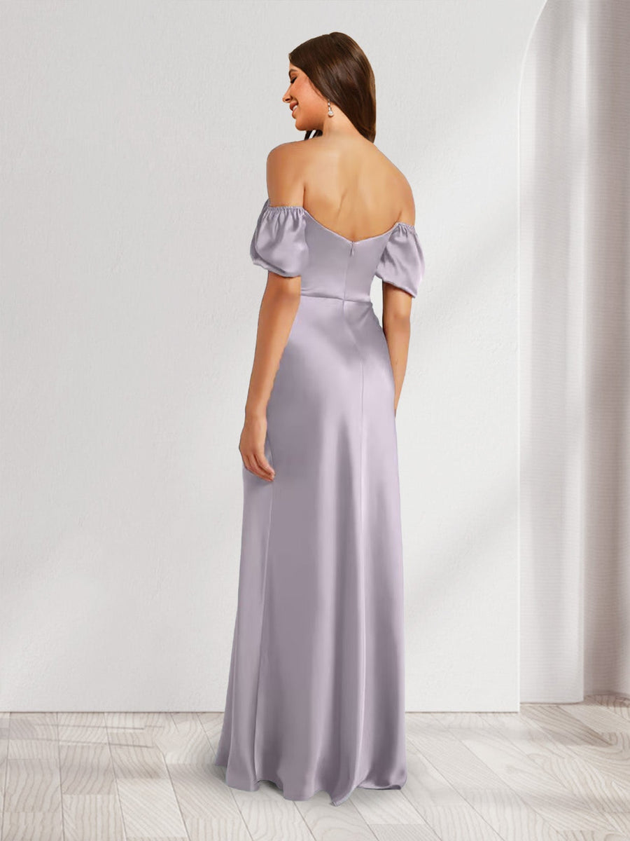Sheath/Column Strapless Puff Sleeves Pleated Maxi Dresses Long Bridesmaid Dresses