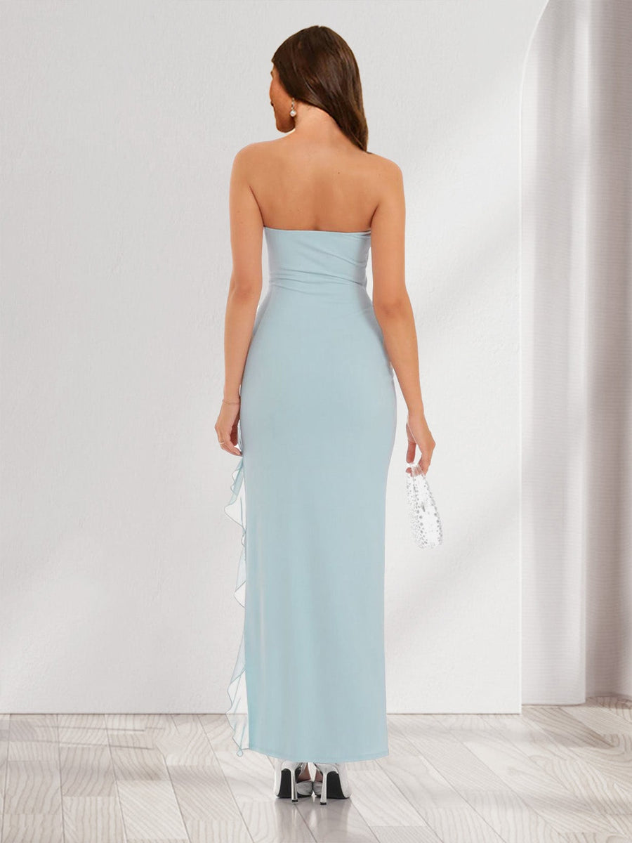Sheath/Column Strapless Ruffle Slit Maxi Dresses Long Bridesmaid Dresses