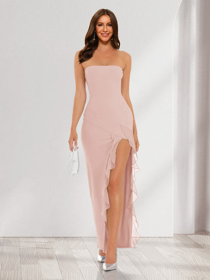 Sheath/Column Strapless Ruffle Slit Maxi Dresses Long Bridesmaid Dresses