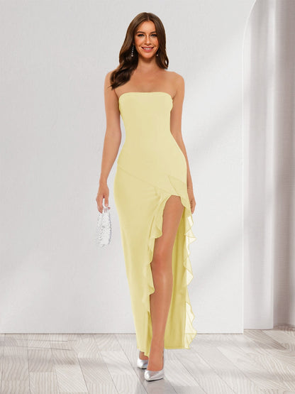 Sheath/Column Strapless Ruffle Slit Maxi Dresses Long Bridesmaid Dresses