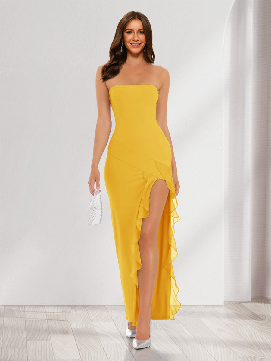 Sheath/Column Strapless Ruffle Slit Maxi Dresses Long Bridesmaid Dresses